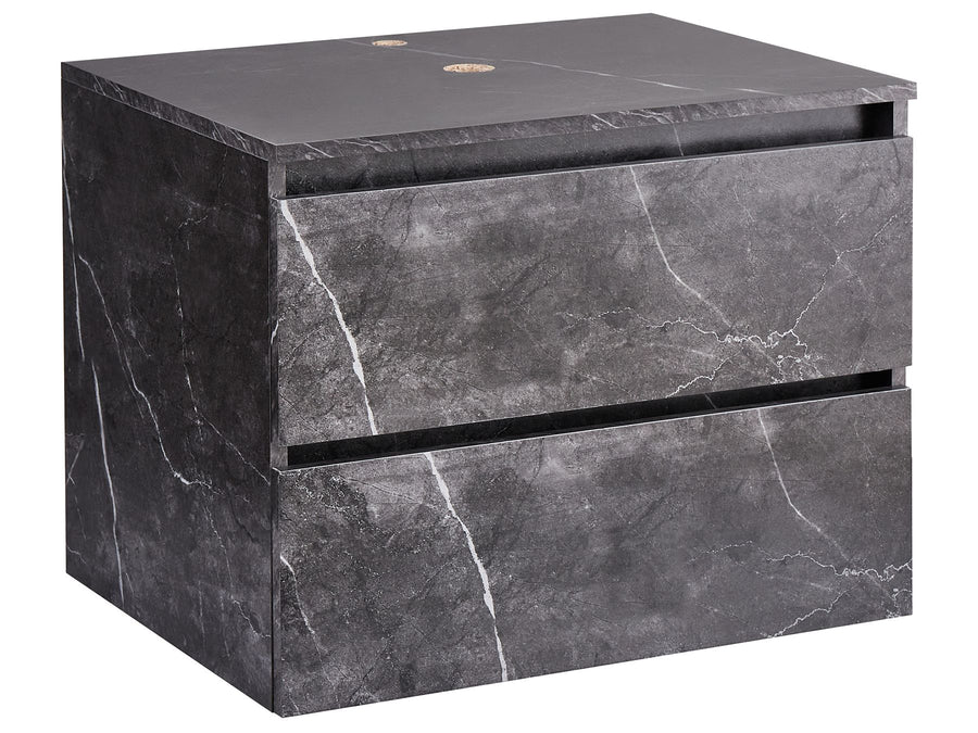 Black marble-patterned cabinet with two drawers on a white background