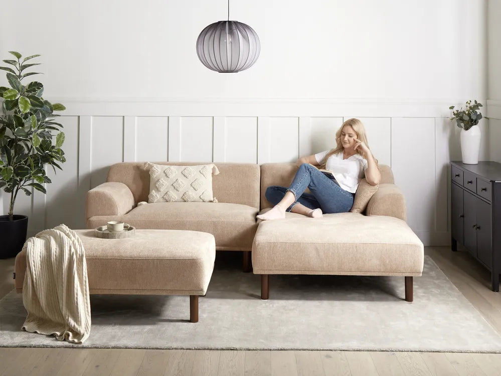 Corner Sofa 3 Seater Fabric Beige with Ottoman Left Hand Brekyn