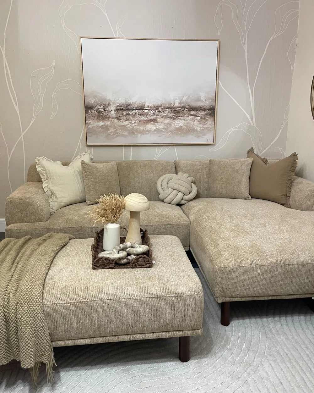 Corner Sofa 3 Seater Fabric Beige with Ottoman Left Hand Brekyn