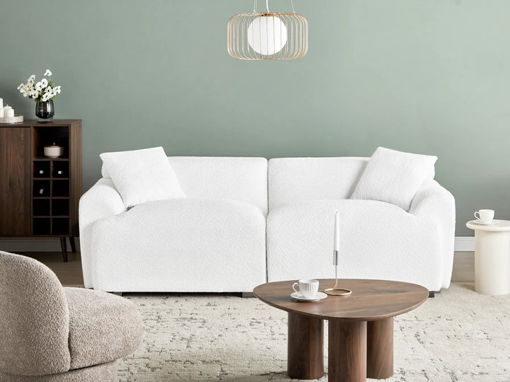 Modern living room with a white sofa, wooden coffee table, and decorative items.