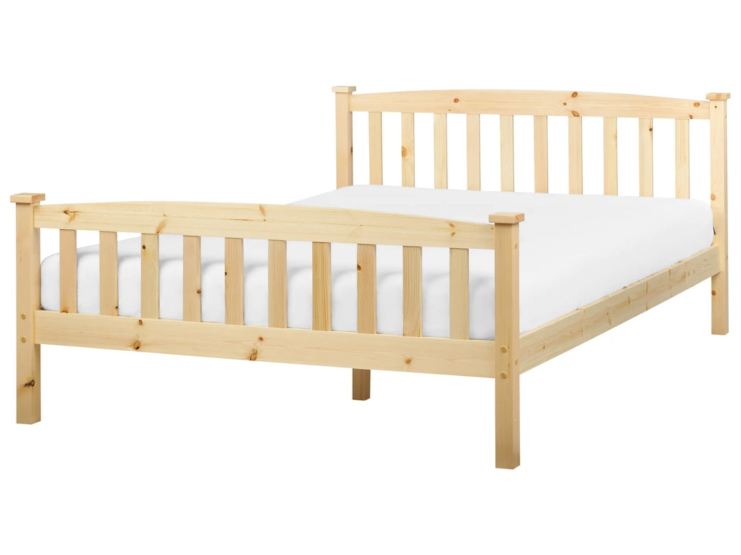 Wooden bed frame with white mattress on a white background