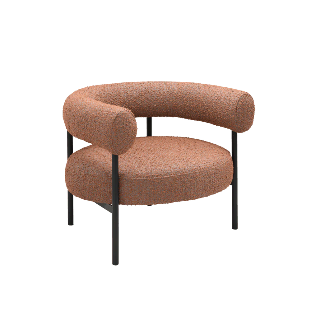 Brown curved chair with black legs on a white background