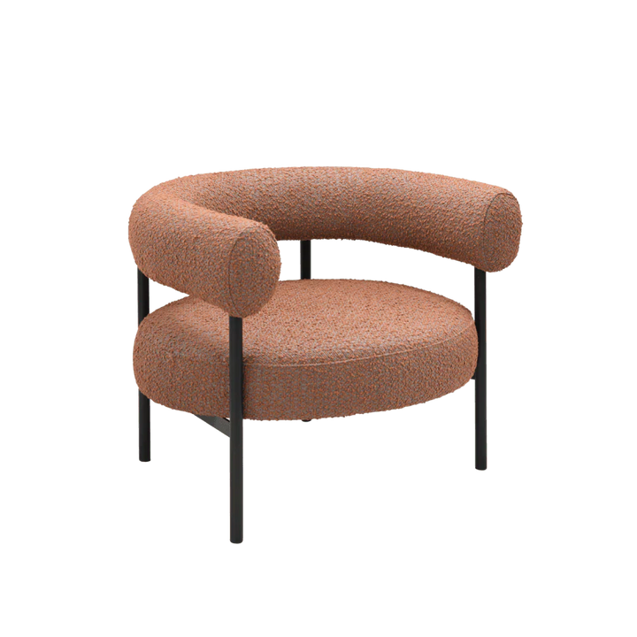Brown curved chair with black legs on a white background