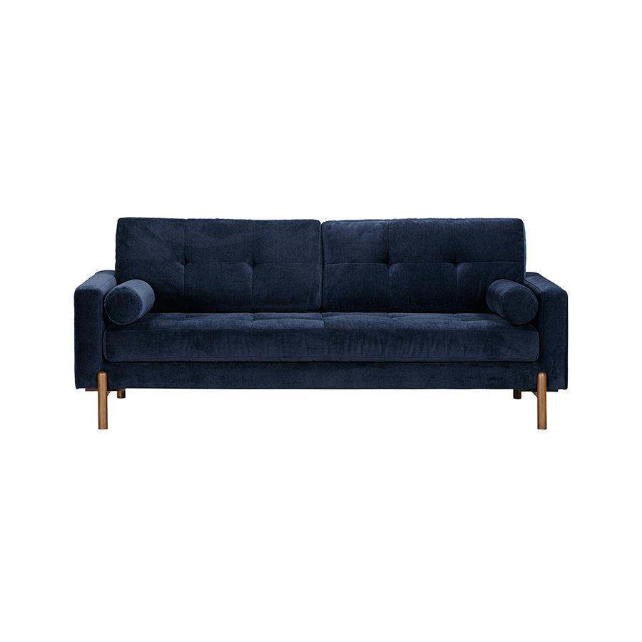 Navy blue sofa with wooden legs on a white background