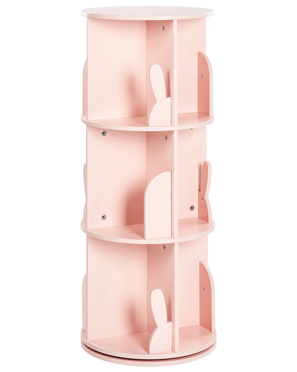 Pink cylindrical shelf with multiple levels on a white background