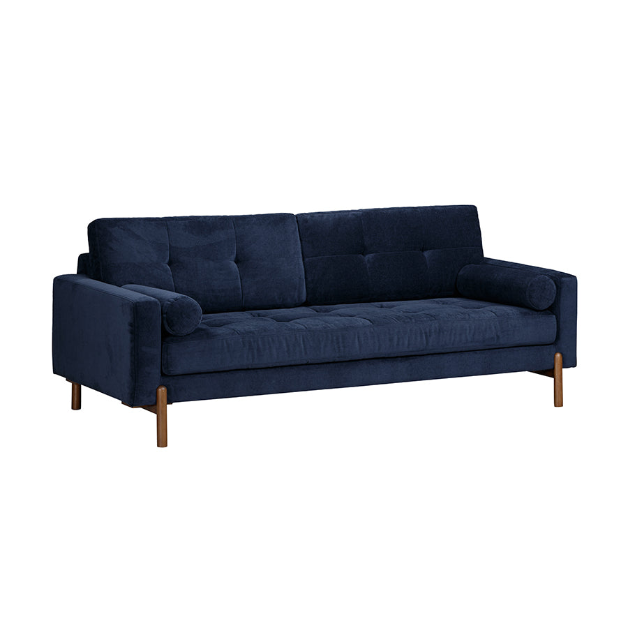 Navy blue sofa with wooden legs on a white background