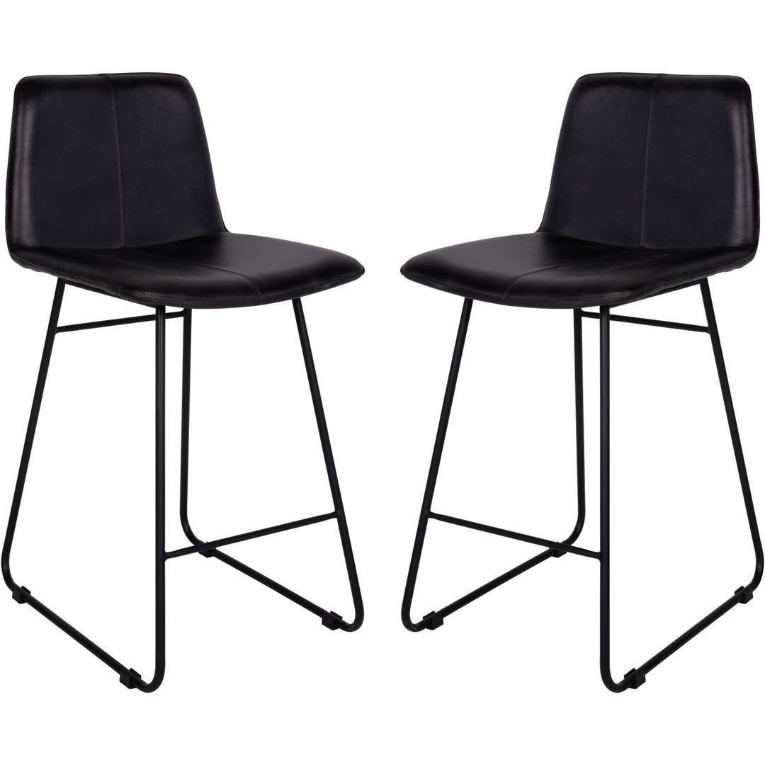 Two black bar stools with metal legs on a white background