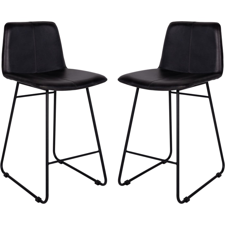 Two black bar stools with metal legs on a white background