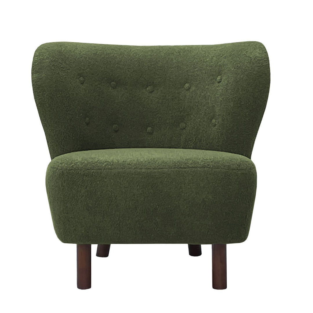 Green upholstered chair with wooden legs on a white background