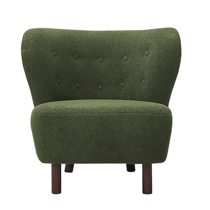 Green upholstered chair with wooden legs on a white background