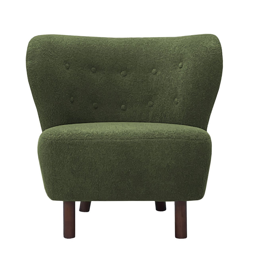Green upholstered chair with wooden legs on a white background
