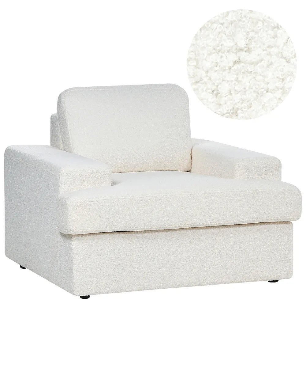 White armchair on a white background with a light bulb icon.