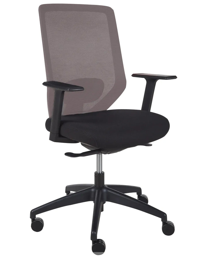 Black office chair with mesh backrest on a white background