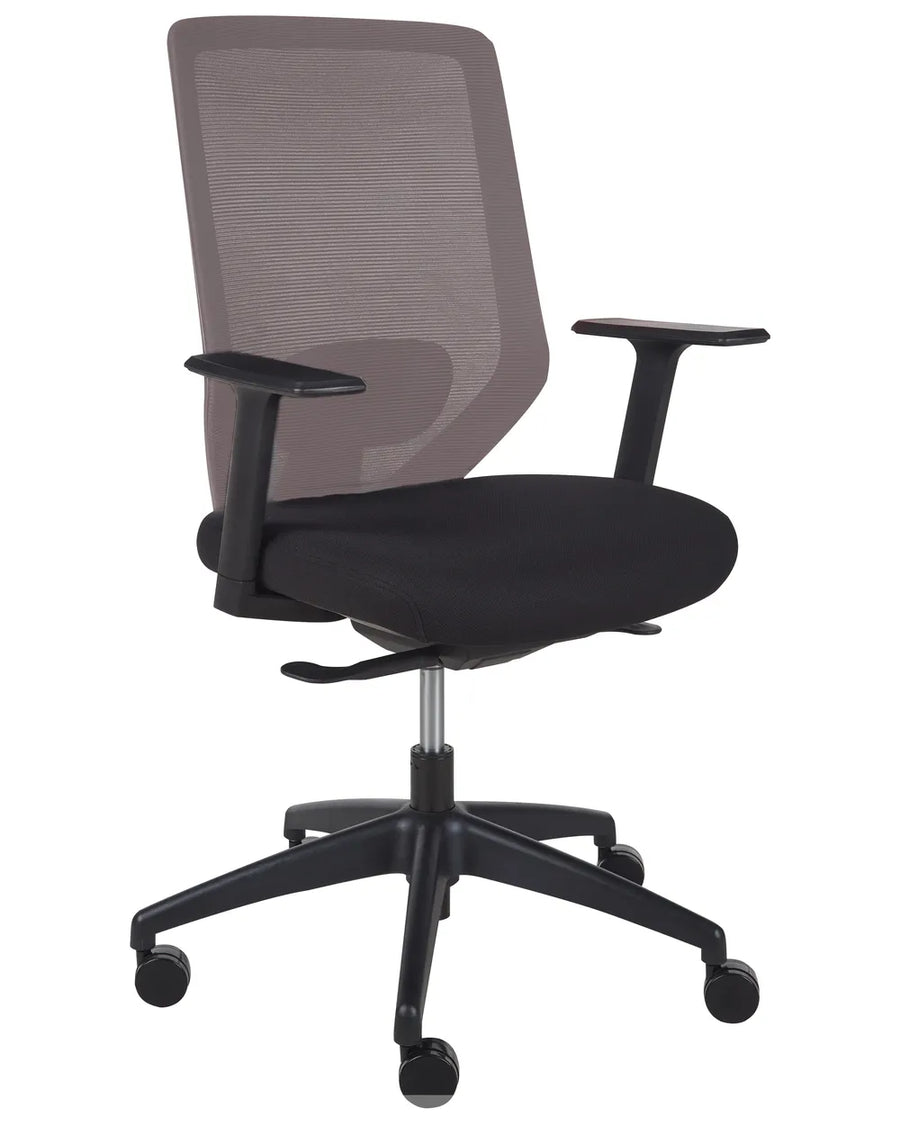Black office chair with mesh backrest on a white background