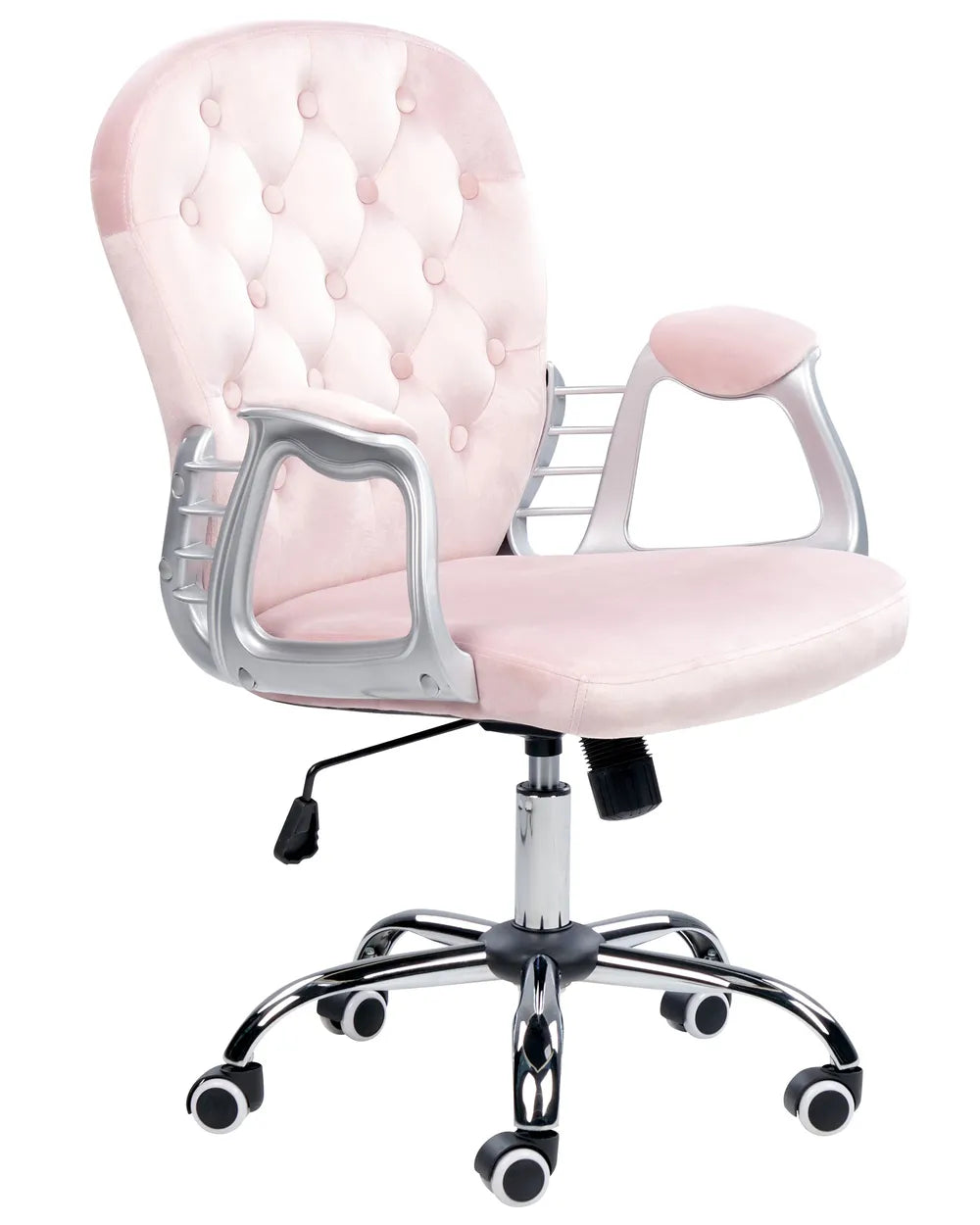 Pink office chair with a tufted backrest on a white background
