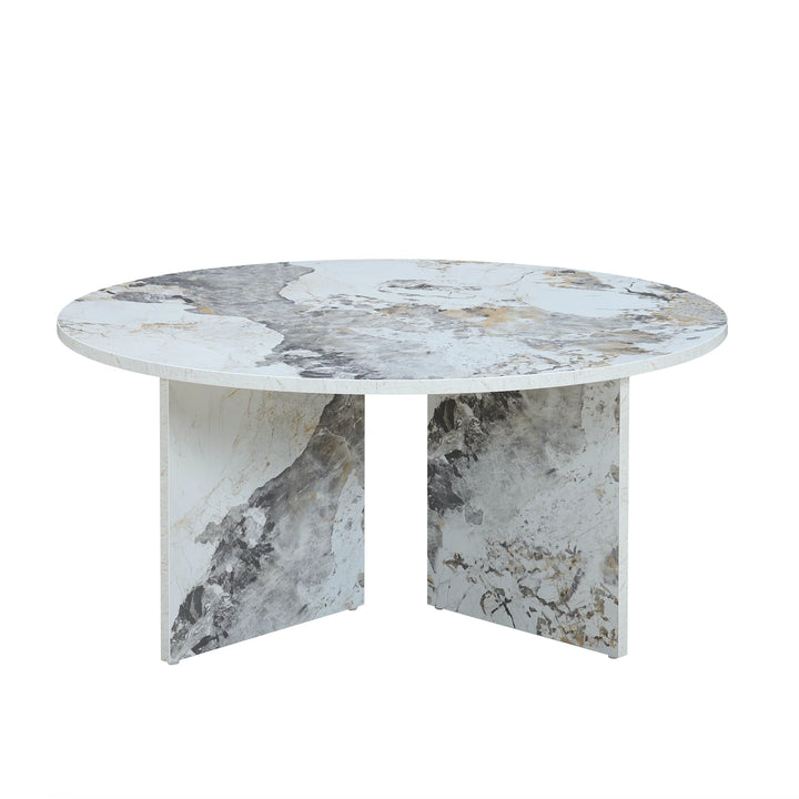 Round marble dining table with a gray and white marbled pattern on a white background