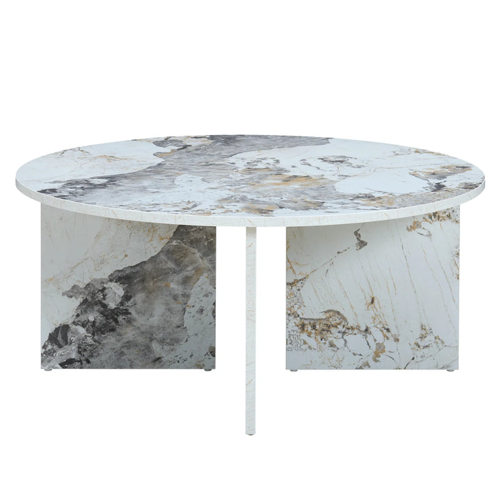 Round marble table with a white and gray pattern on a white background