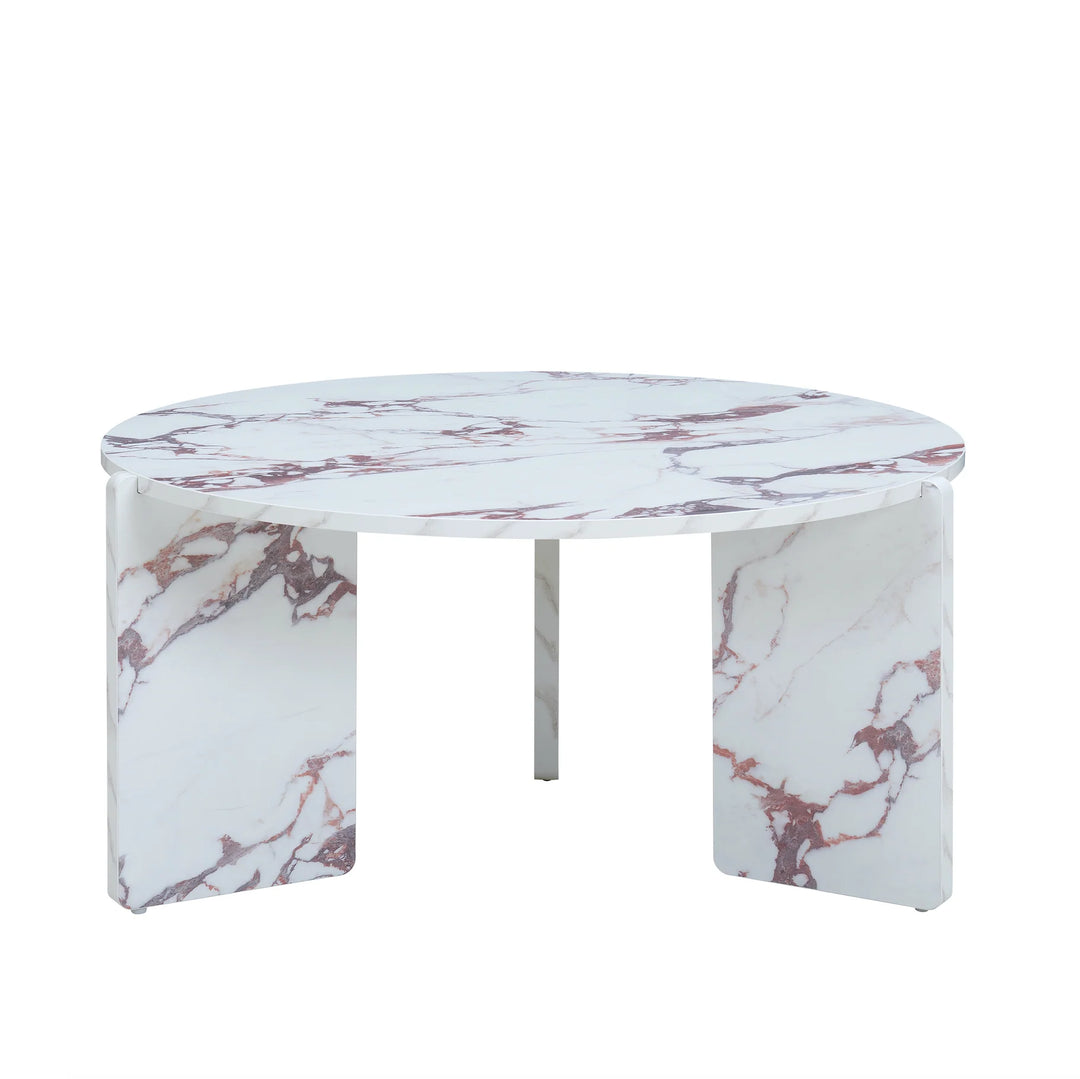 Corner table with white and pink marble pattern on a white background