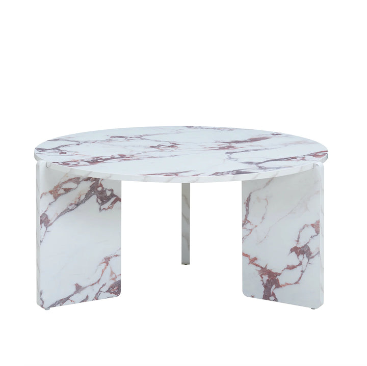 Corner table with white and pink marble pattern on a white background