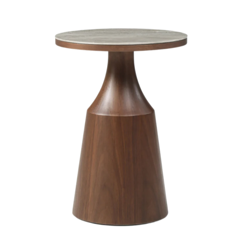 Wooden side table with a round top on a white background