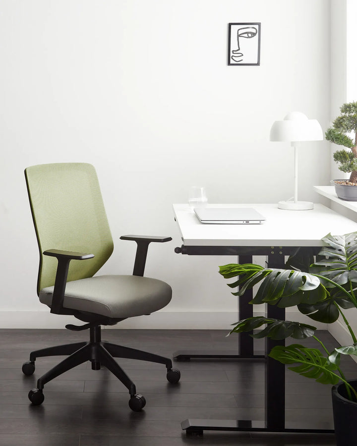 Modern office chair in front of a desk with a plant and lamp in a minimalistic room.