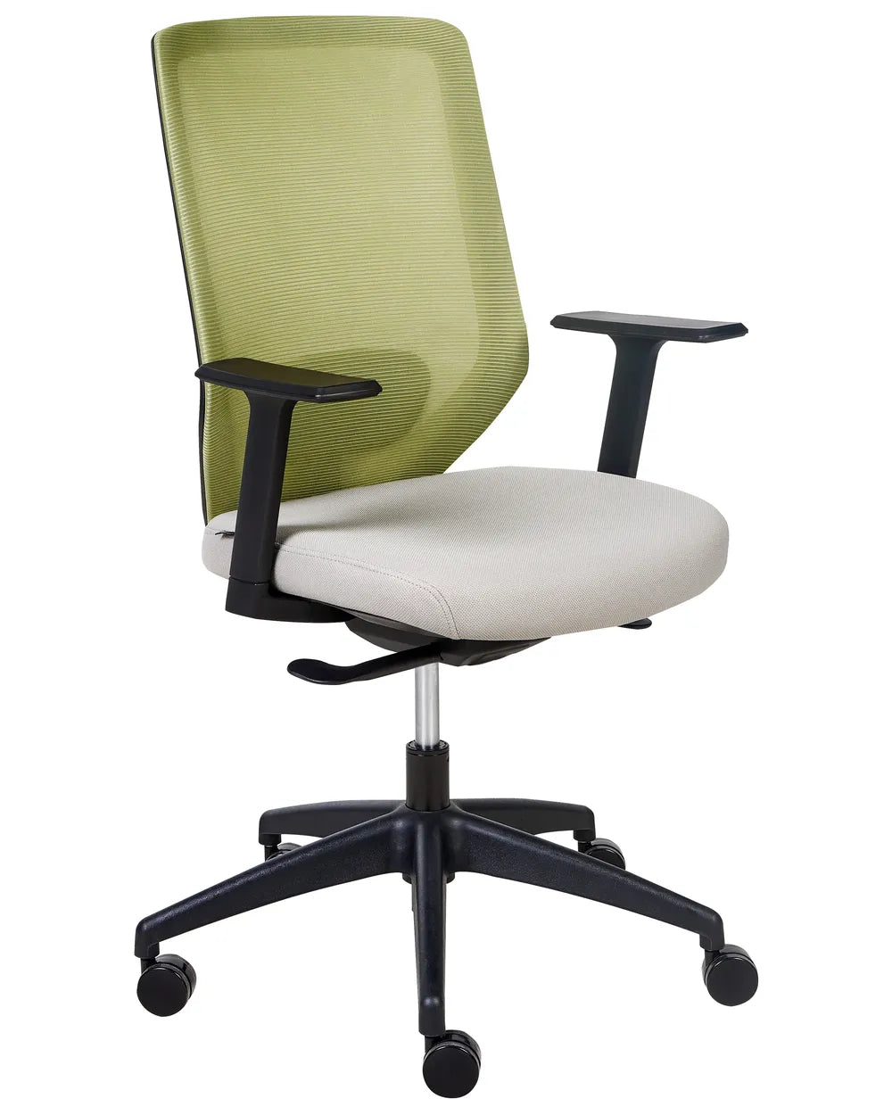 Green mesh office chair with white seat on a white background