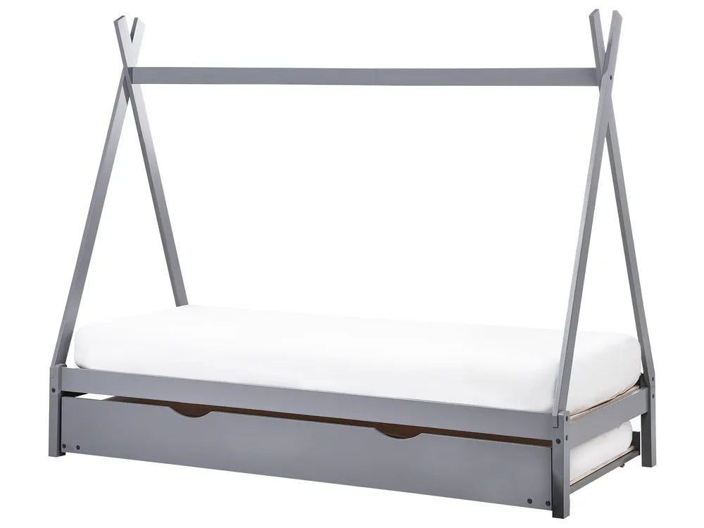 Gray canopy bed frame with a white mattress on a white background