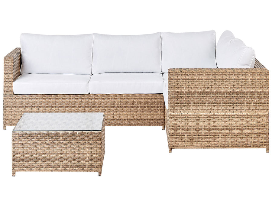 A four-seater left-hand corner garden sofa with a table made of PE rattan in an off-white color, featuring a left-hand configuration.