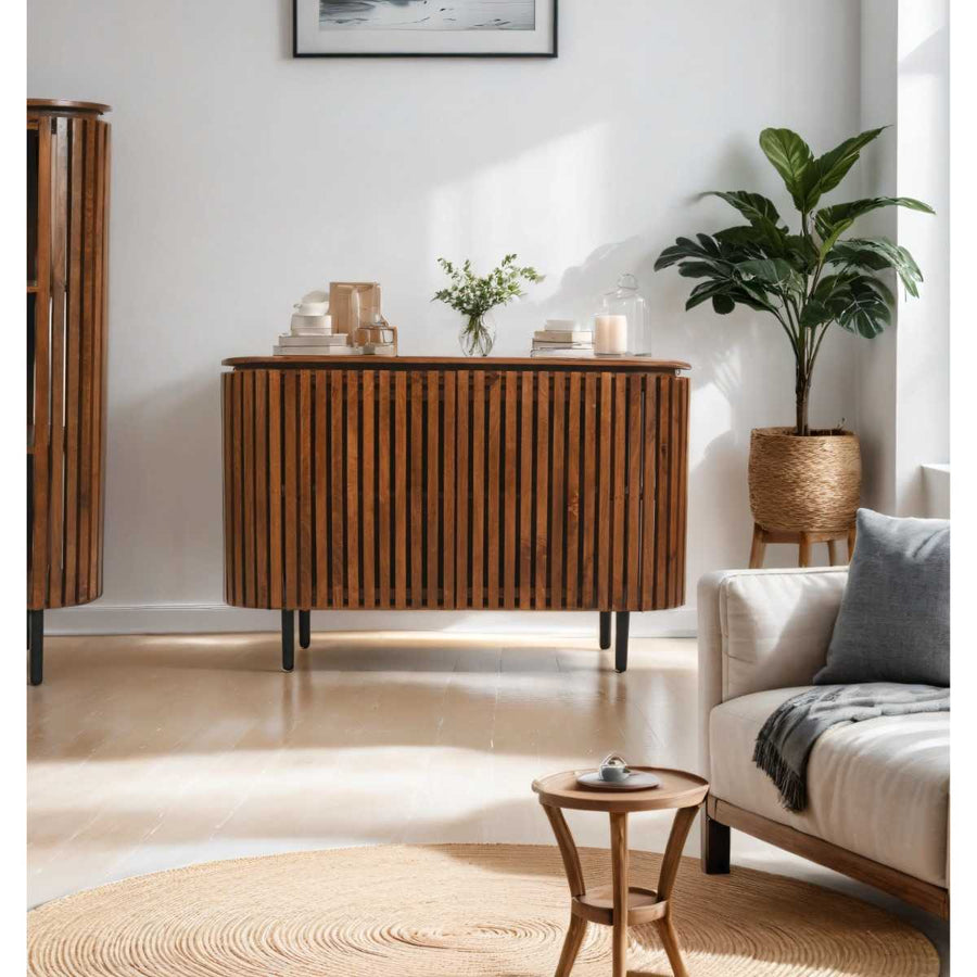 Slatted Dark Mango Wood 2 Door Sideboard Vintage-Style
