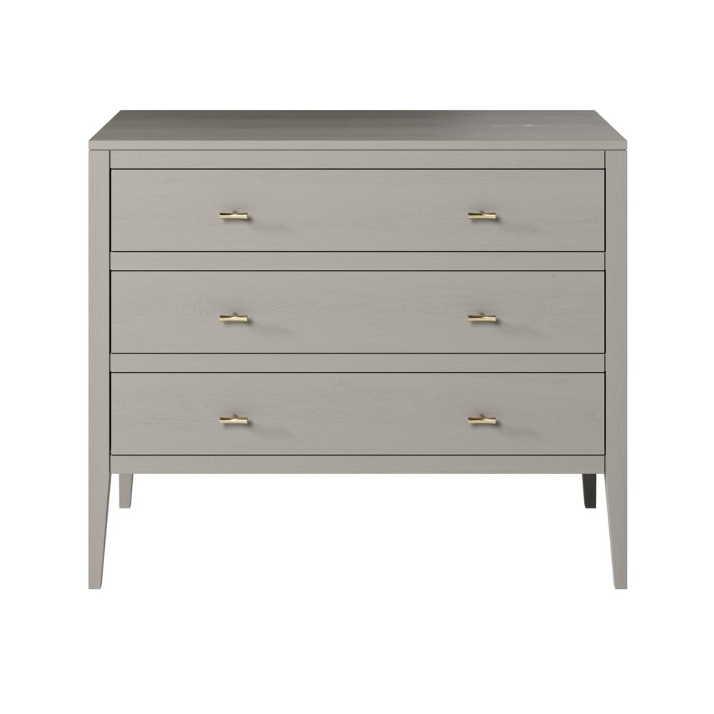 Gray dresser with gold handles on a white background