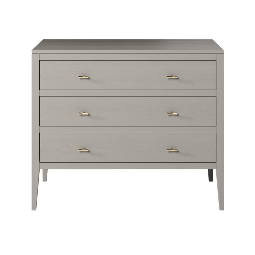 Gray dresser with gold handles on a white background