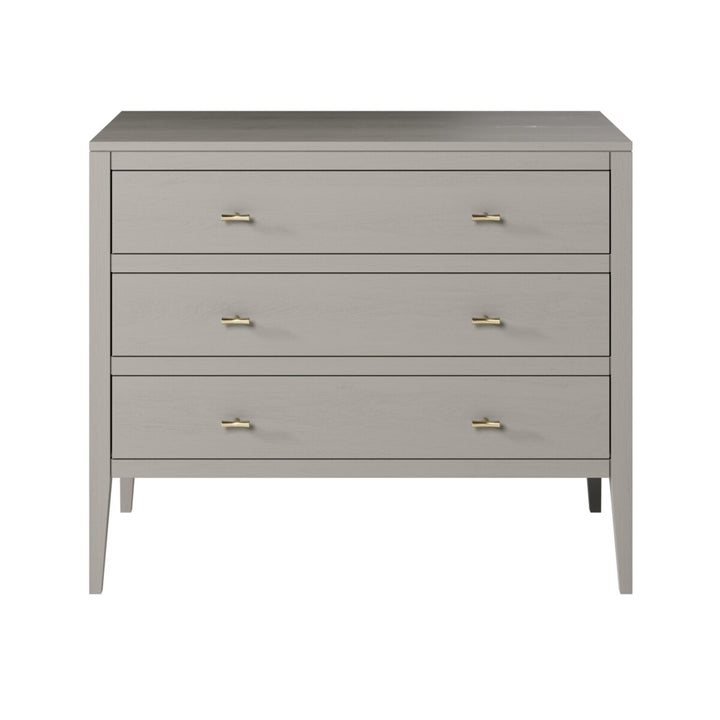 Gray dresser with gold handles on a white background