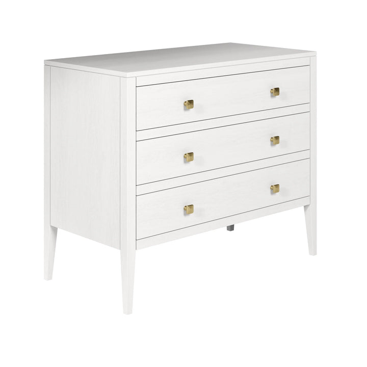 White dresser with gold handles on a white background