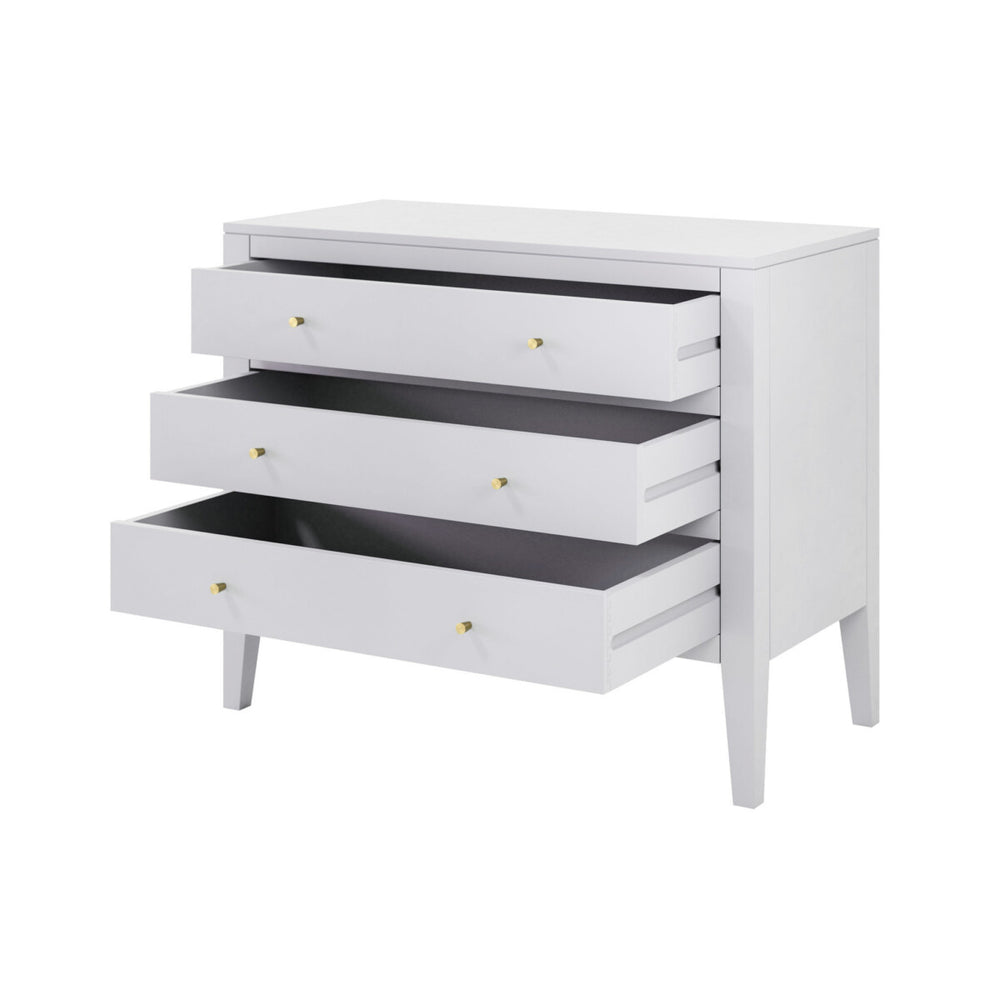 White dresser with four drawers on a white background