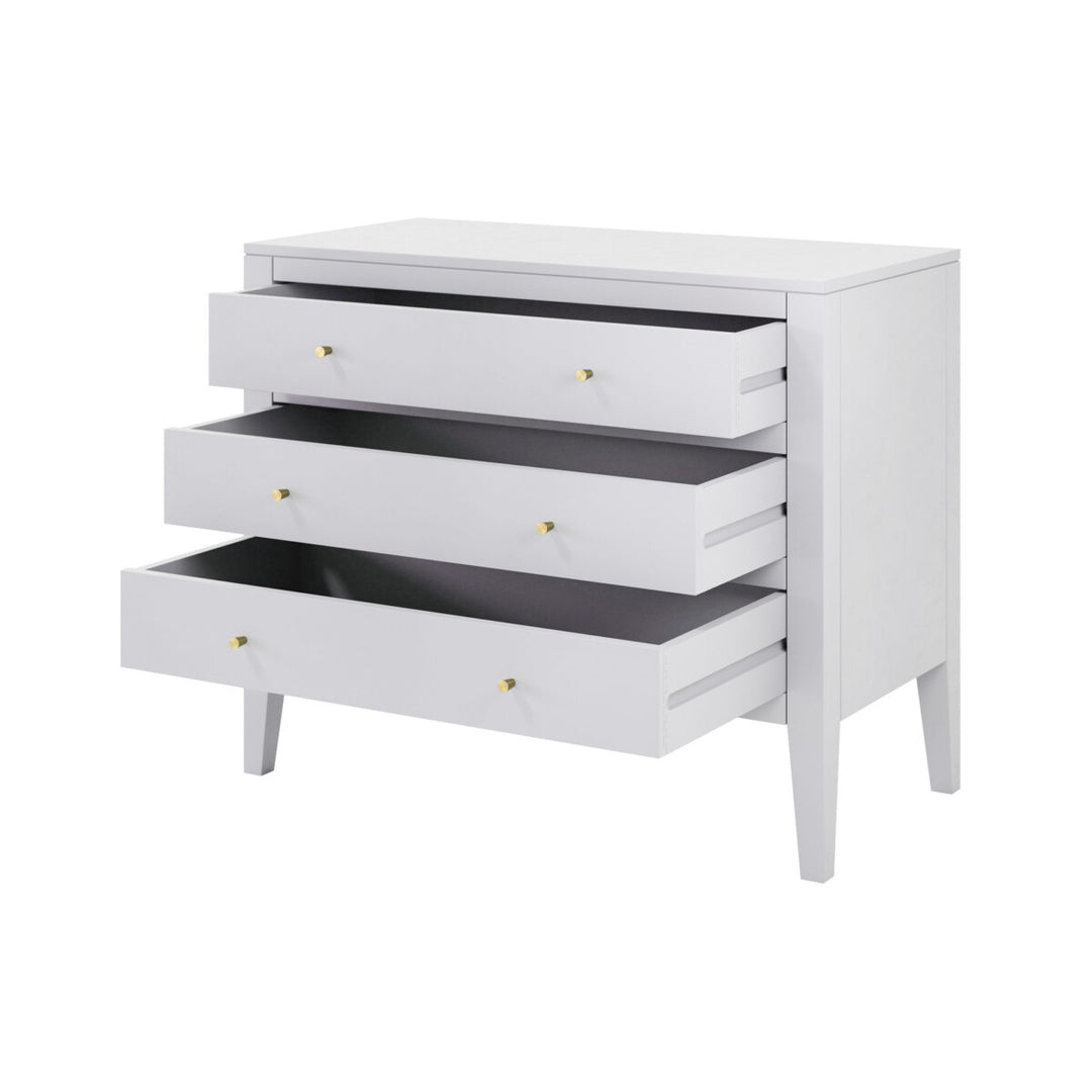 White dresser with four drawers on a white background