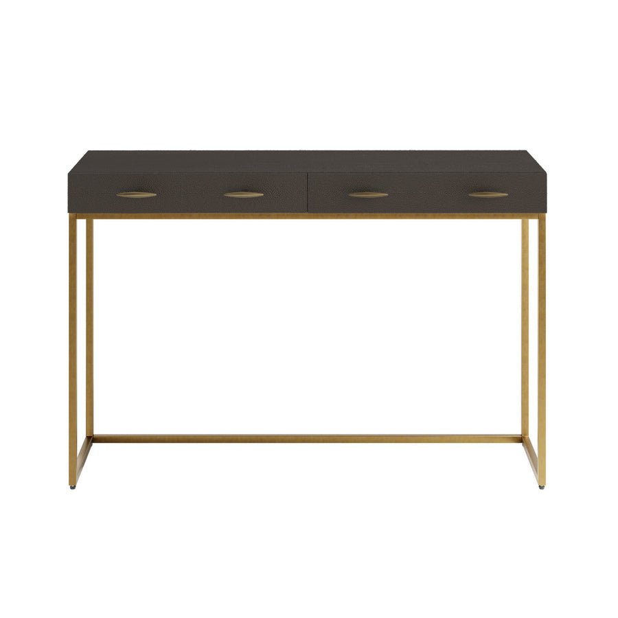 Console table with black top and gold legs on a white background