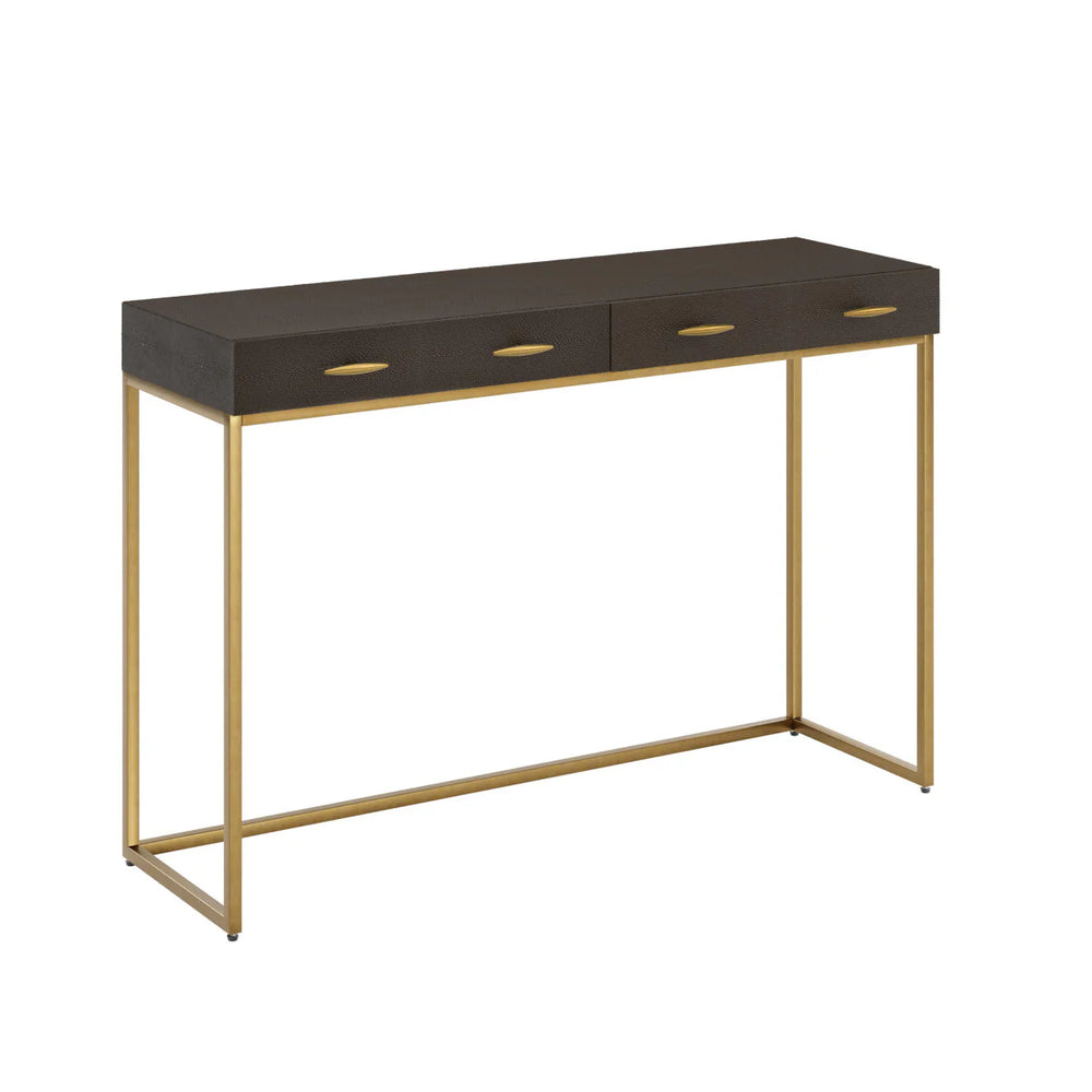 Console table with dark brown top and gold legs on a white background