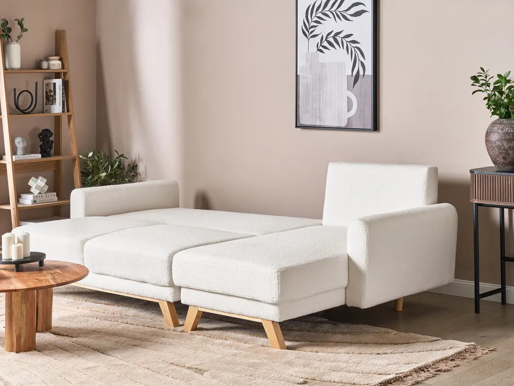 Sofa Bed 3 Seater Boucle Off-White with Storage Left Hand Arsaluis