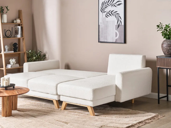 Sofa Bed 3 Seater Boucle Off-White with Storage Left Hand Arsaluis