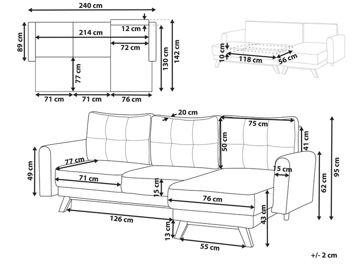 Sofa Bed 3 Seater Boucle Off-White with Storage Left Hand Arsaluis