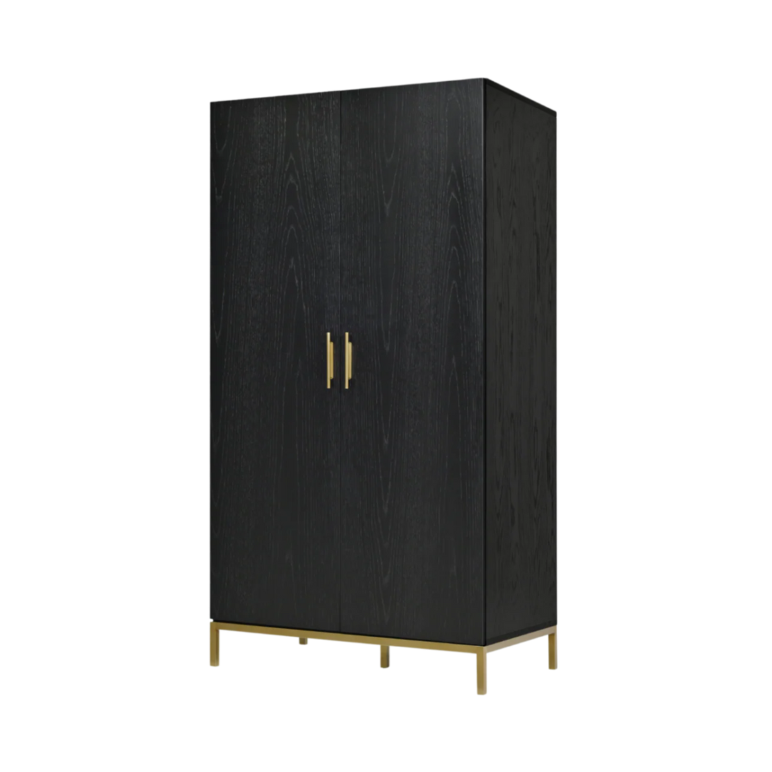 Black cabinet with gold legs and handle on a white background