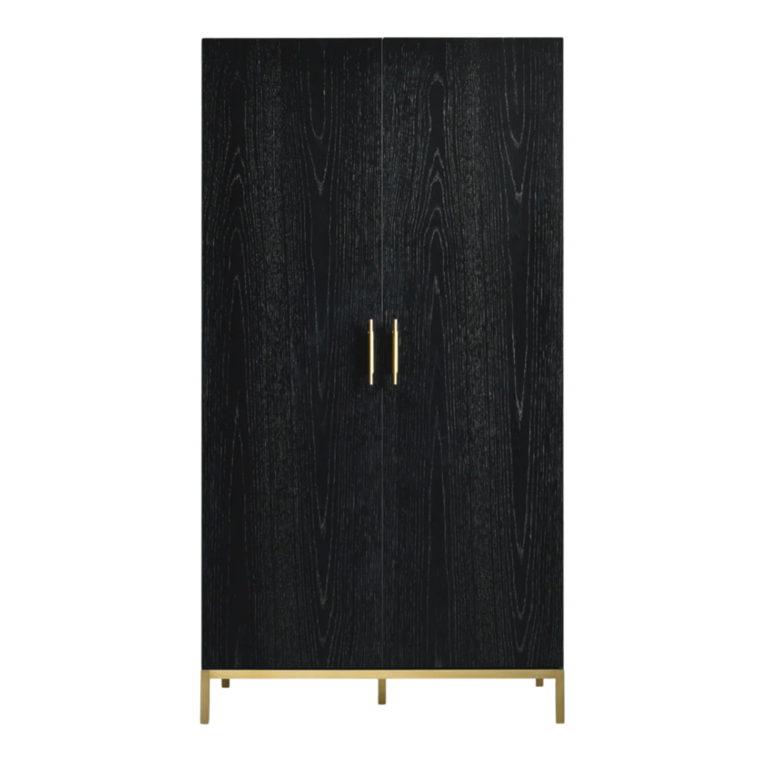 Black wardrobe with gold accents on a white background