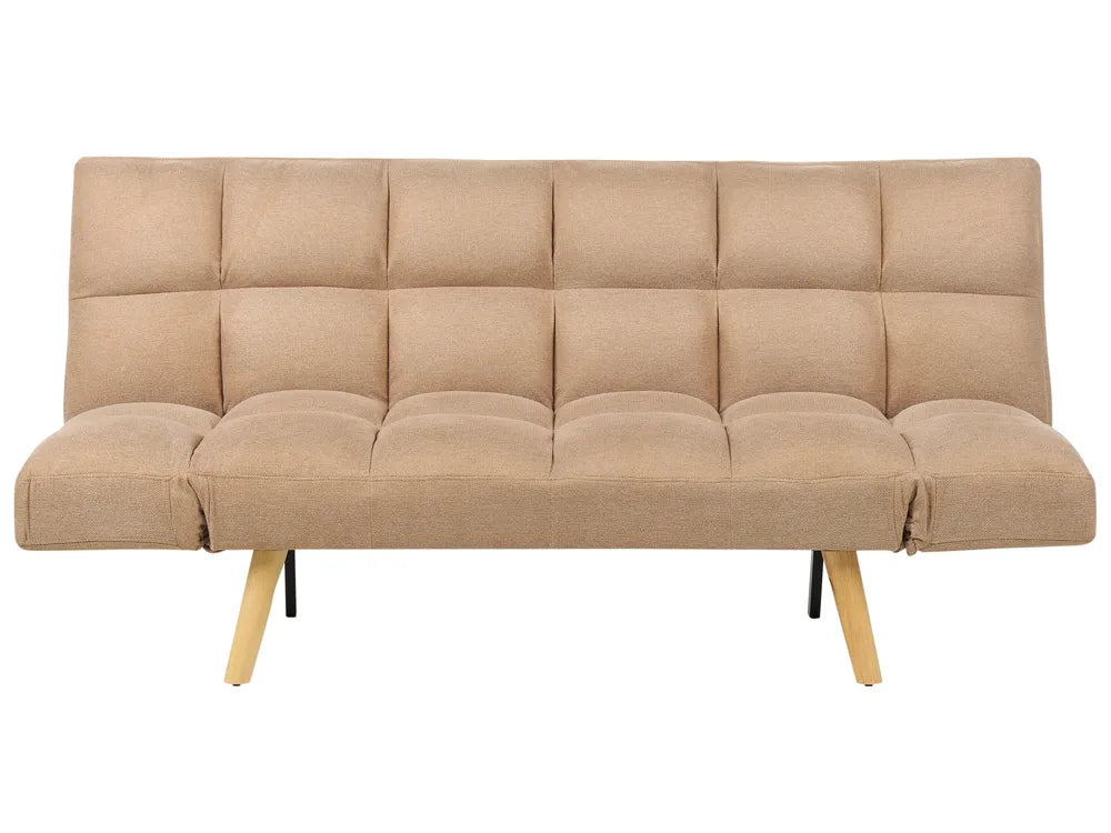 Beige futon sofa with wooden legs on a white background