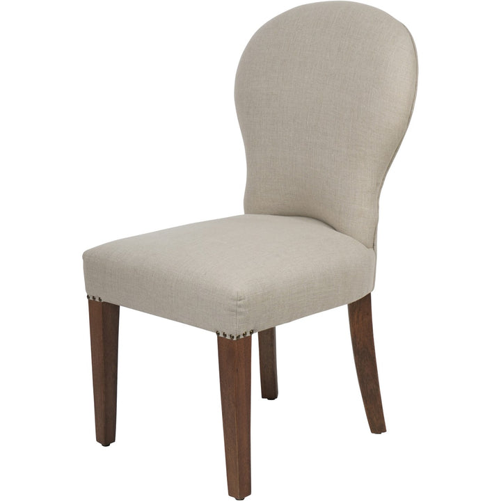 Beige upholstered chair with wooden legs on a white background