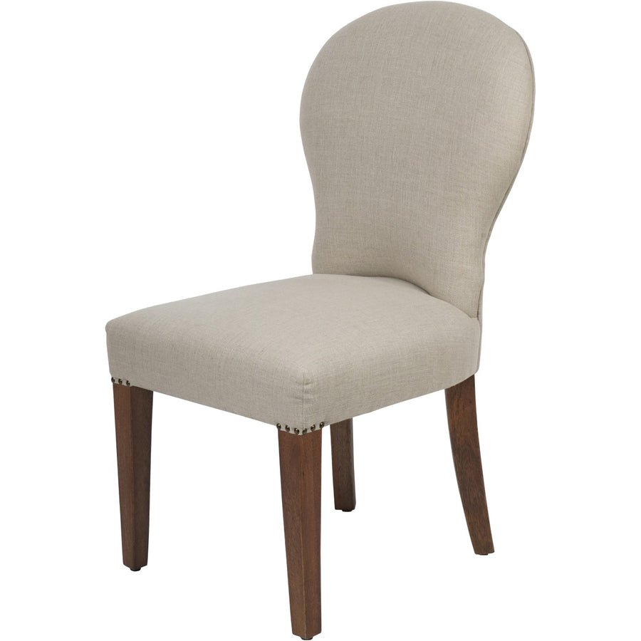 Beige upholstered chair with wooden legs on a white background