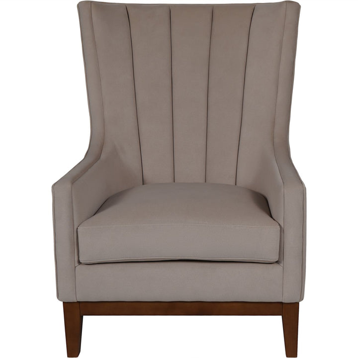 Beige armchair with wooden legs on a white background