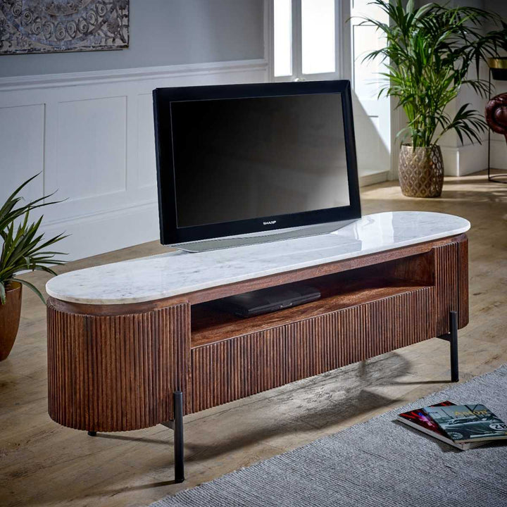 Opal Mango Wood Large Tv Stand With Marble Top & Metal Legs