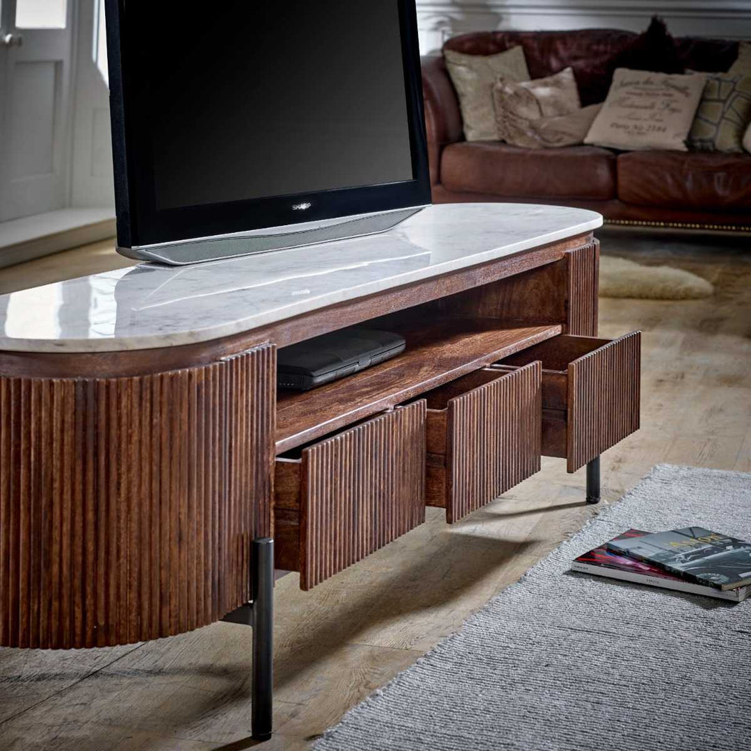 Opal Mango Wood Large Tv Stand With Marble Top & Metal Legs