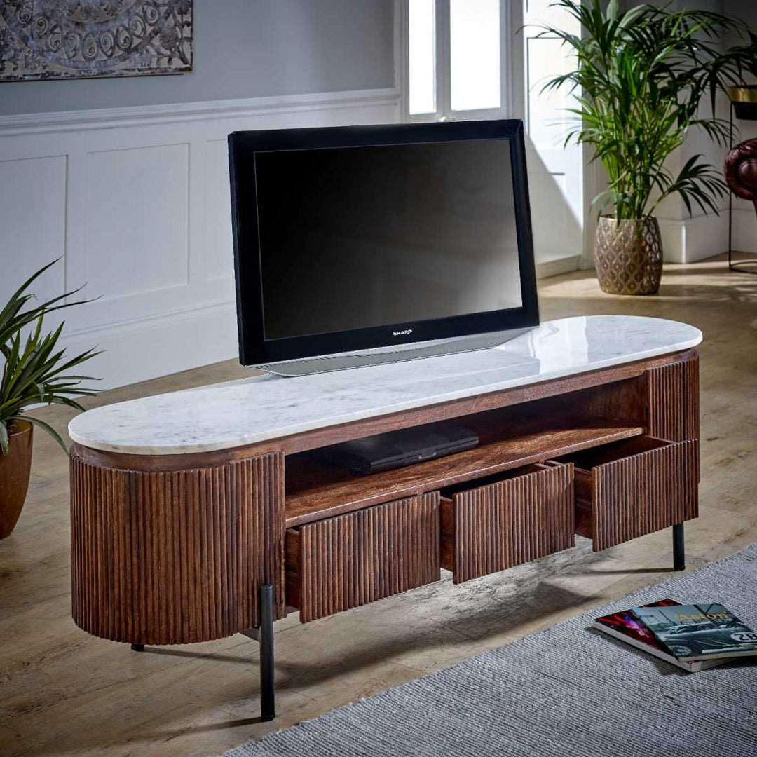 Opal Mango Wood Large Tv Stand With Marble Top & Metal Legs