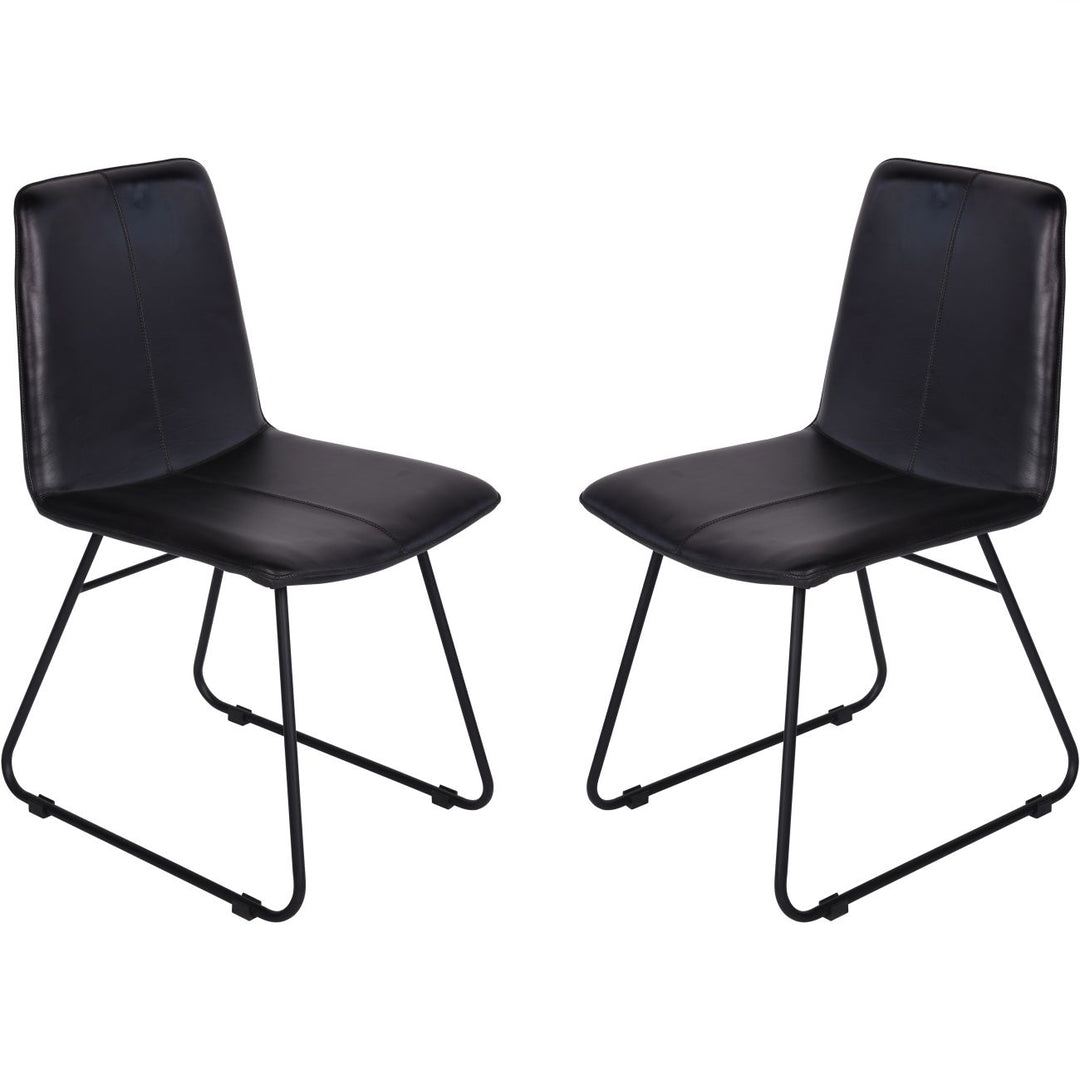 Two black chairs with metal legs on a white background